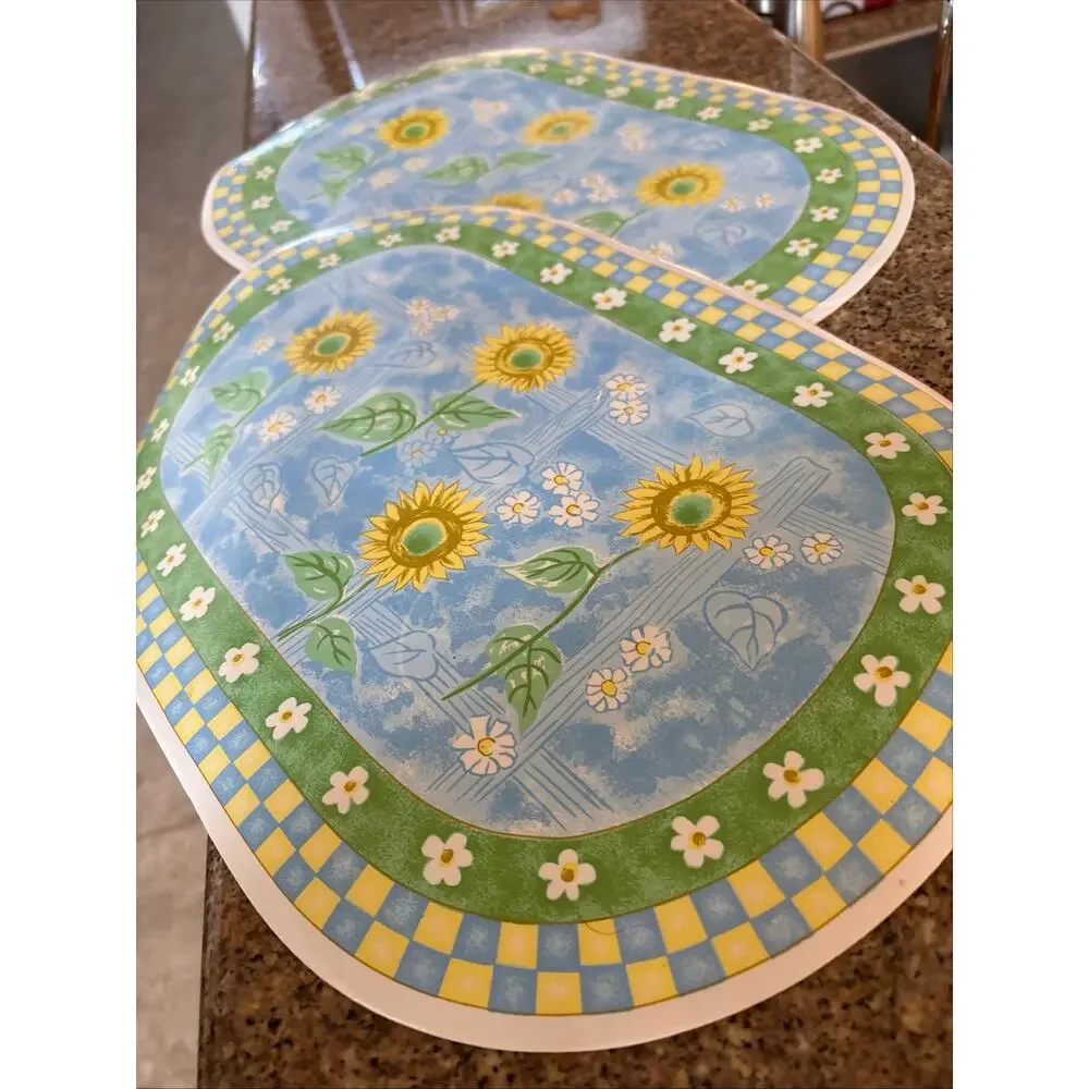 Vintage Sunflower Placemats Set of 2 Blue Gingham Country Cottage Kitchen